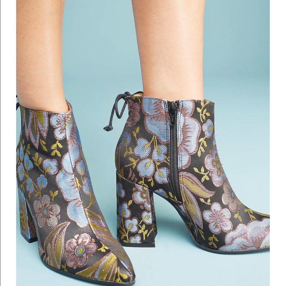 NEW Anthro  Flare-Heeled Boots Floral Brocade